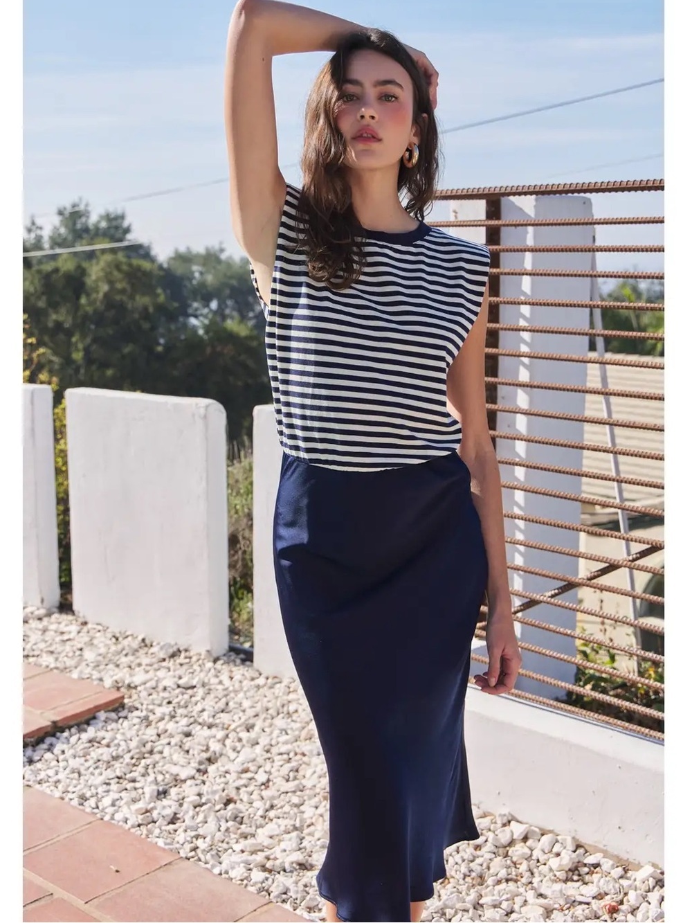 NWT Stripe Knit Top Midi Dress with Satin Skirt